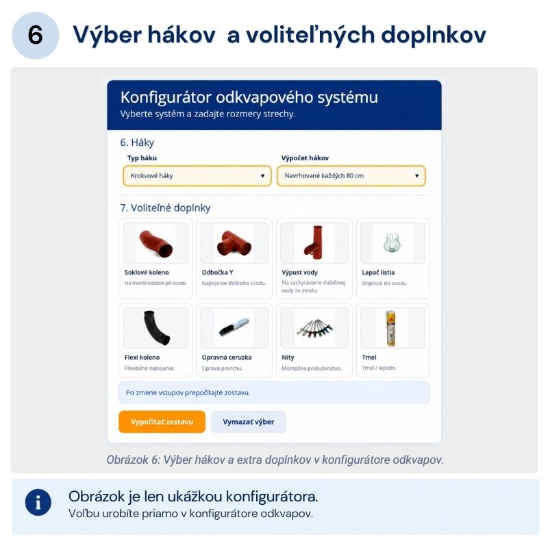 Konfigurátor odkvapov - ukážka - výber hákov a doplnkov